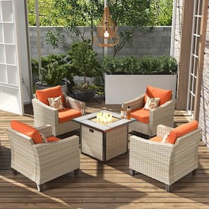 Oconee Beige 5-Piece Modern Outdoor Patio Conversation Sofa Seating Set with a Fire Pit and Orange Red Cushions
