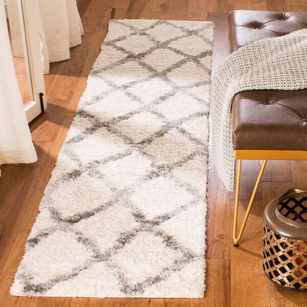 Berber Shag 2 x 10 Cream/Gray Trellis Runner Rug