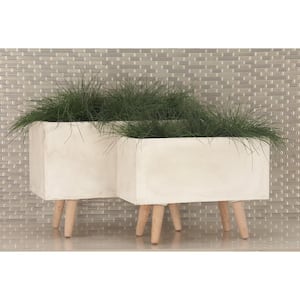 15 in., and 13 in. Medium White Fiberclay Indoor Outdoor Planter with Wood Legs (2- Pack)