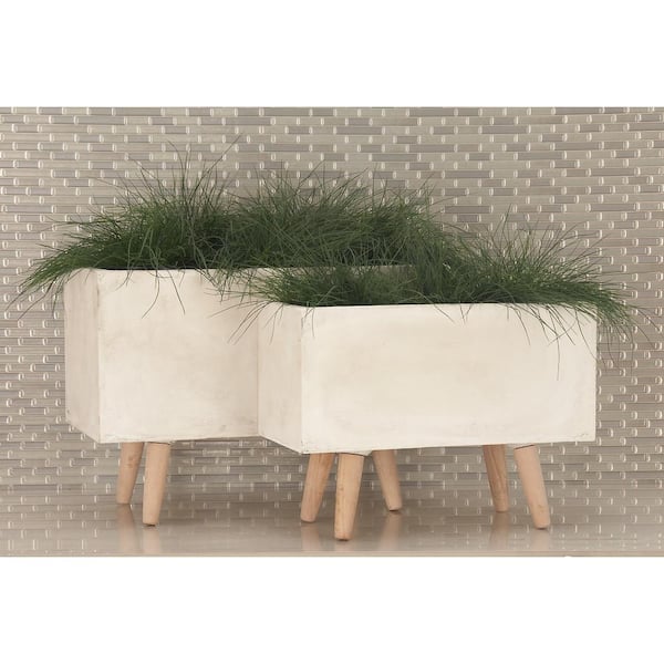 Litton Lane 15 in., and 13 in. Medium White Fiberclay Indoor Outdoor Planter with Wood Legs (2- Pack)