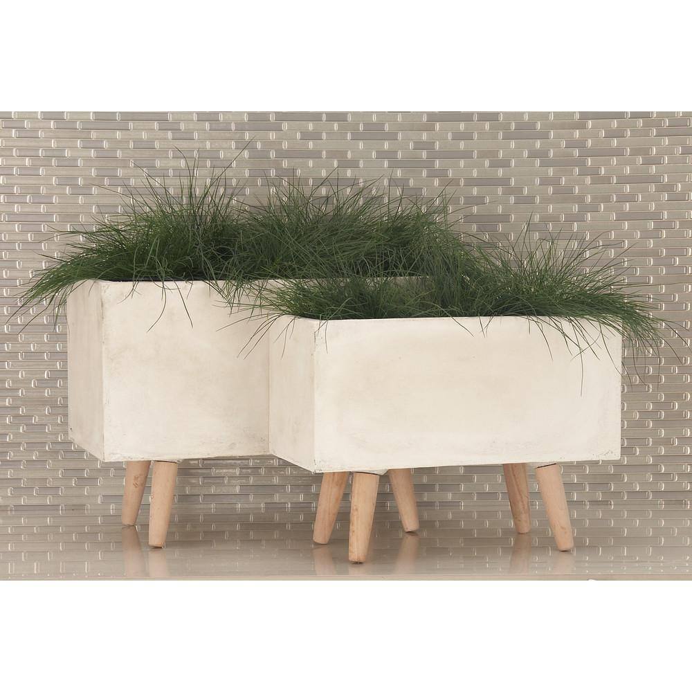 White Fiber Clay Rectangular Planters with Wood Legs, Set of 2