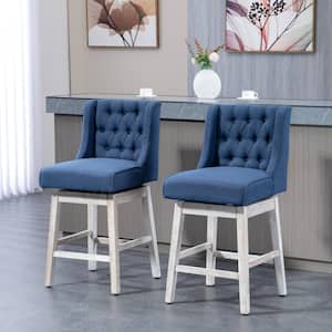Blue 180° 27 in. Seat Height Swivel Bar Stools (Set of 2) Bar Chairs with Solid Wood Footrests and Button Tufted