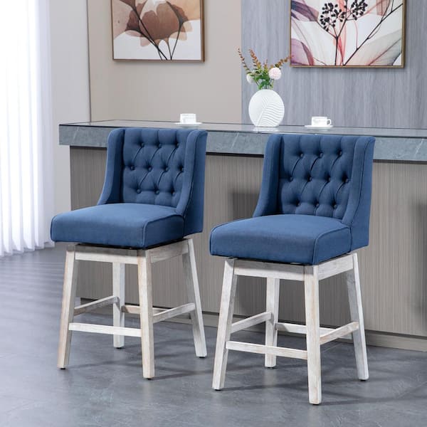 HOMCOM Blue 180° 27 in. Seat Height Swivel Bar Stools (Set of 2) Bar Chairs with Solid Wood Footrests and Button Tufted