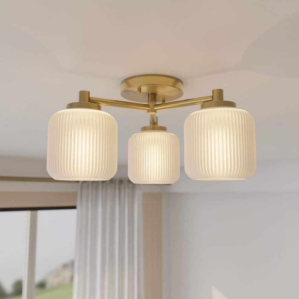 15.6 in. 3-Light Brass Flush Mount Ceiling Light with Frosted Ribbed Glass Shades price history on PriceWatchPro