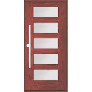Modern Faux Pivot 36 in. x 80 in. 5 Lite Right-Hand/Inswing Satin Glass Redwood Stain Fiberglass Prehung Front Door