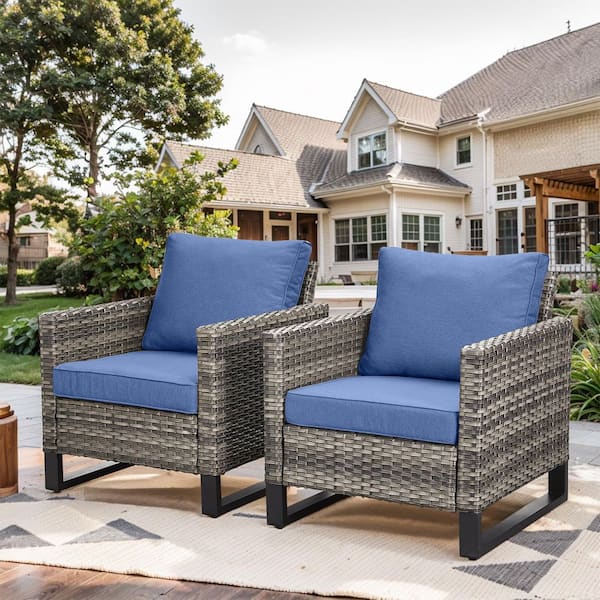moosprr Patio Gray Wicker Outdoor Lounge Chair with Blue Cushions (2-Pack)