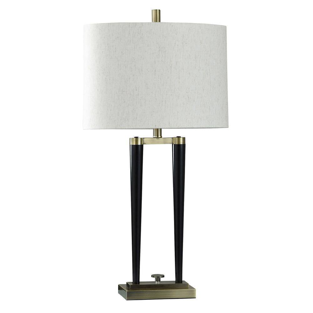Matte Black and Brass Modern Table Lamp with Oatmeal Shade