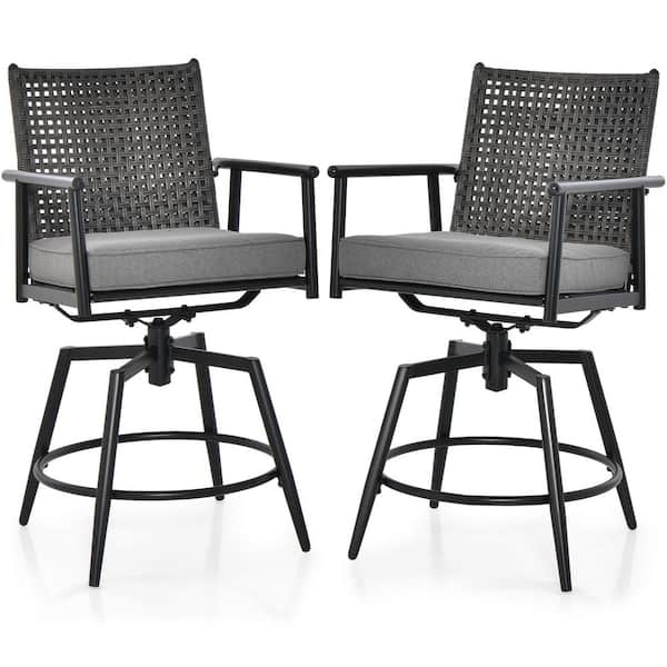 Gymax Patio Swivel Metal Outdoor Bar Stools Counter Height Bar Chairs w/PE Rattan Back with Gray Cushion 2-Pack