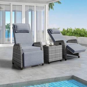 3-Piece Wicker Patio Conversation Set Adjustable Chair Combination with Coffee Table and Gray Cushions