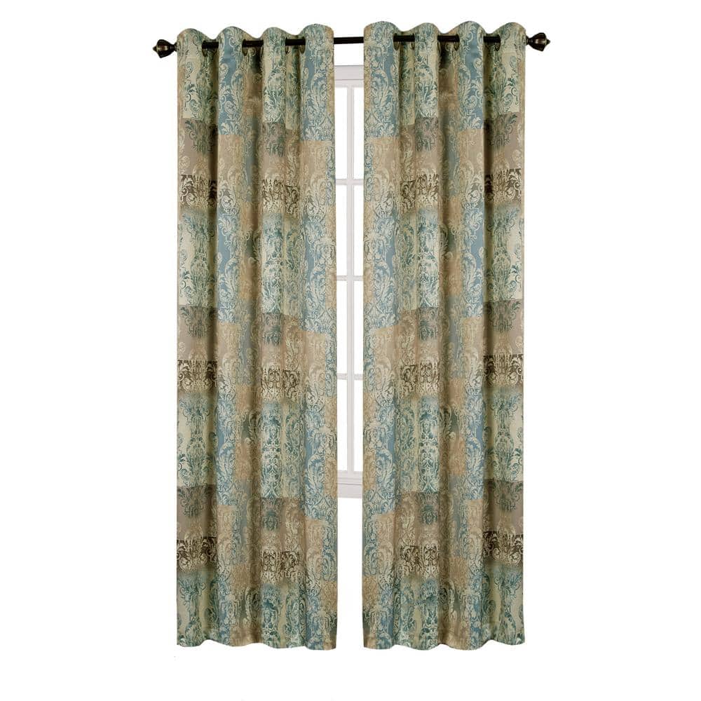 Blue and Beige Polyester Room Darkening Grommet Curtain Panel