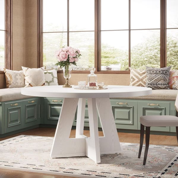 Roesler White Round Dining Table, Wood 47 in. Pedestal Stylish Dining Table for 4, A Blend of Function and Aesthetics