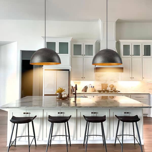 Jan 23.6 in. 1-Light Oversized Industrial Antique Black Gold Leaf Hammered Large Dome Pendant Light with Metal Shade