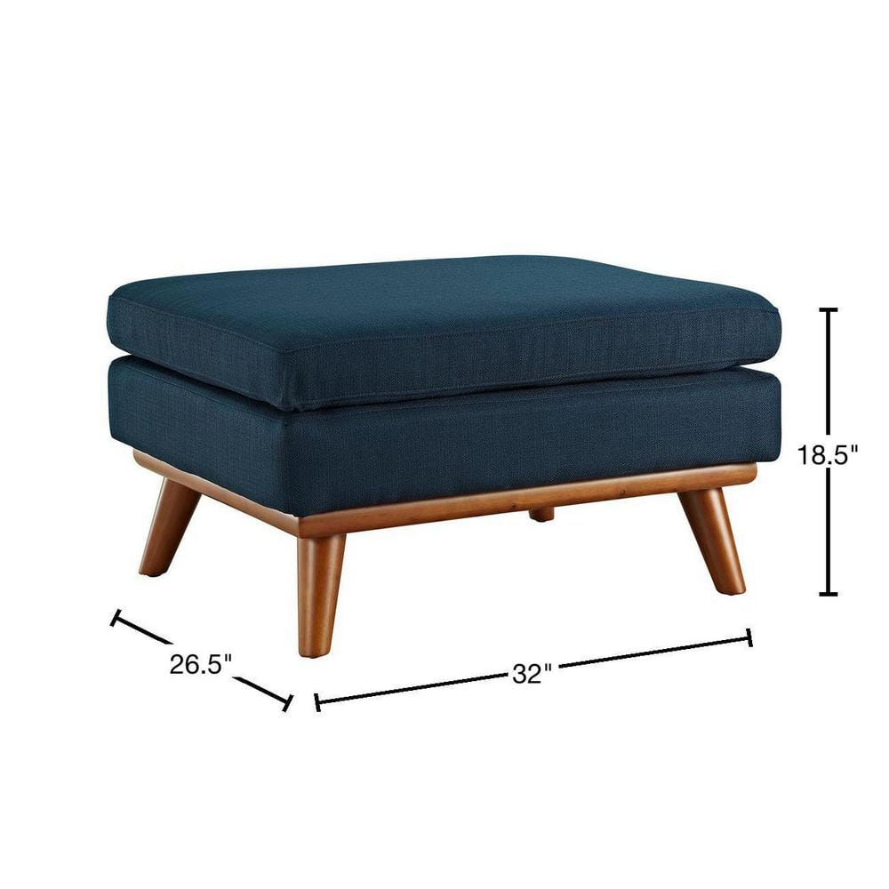Mid-Century Azure Tufted Fabric Ottoman with Cherry Stained Rubberwood Frame