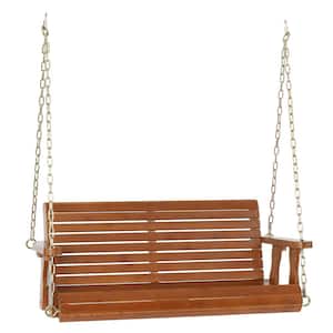 4 ft. Brown Wood Patio Porch Swing with Adjustable Chains, Support 880 lbs., Durable PU Coating