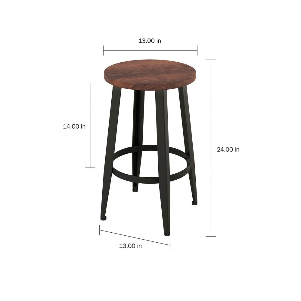 Set of 2 Black Metal and Elm Wood Counter-Height Stools
