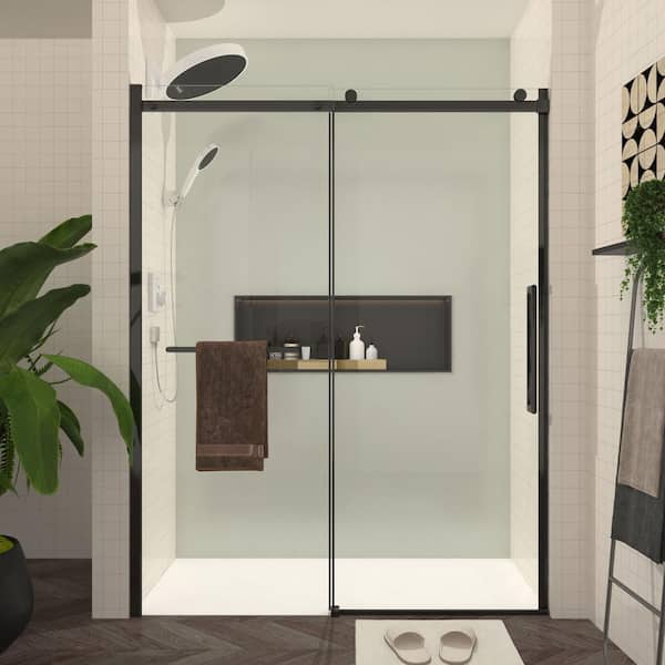 Volans 56-60 in. W x 75.98 in. H Sliding Frameless Shower Door in Matt Black Finish with Clear Glass