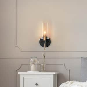 Modern 1-Light Brass Gold Wall Sconce, Black Vanity Light with Open Cylinder Clear Glass Shades Wall Light
