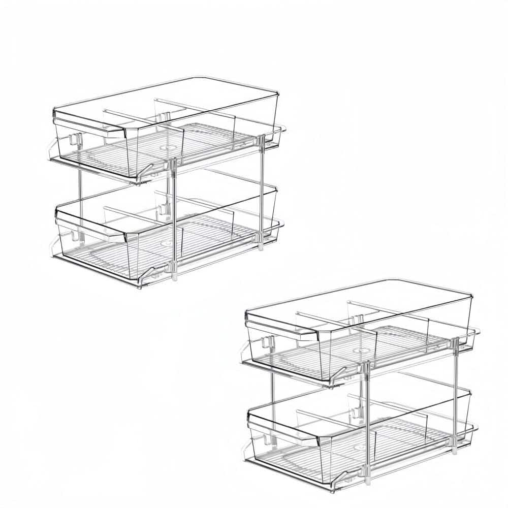 2-Tier MultiUse Slide-Out Pantry Organizer with Dividers for Cabinet, Shlef, Counter, Clear (2-Pack)
