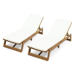 Maki Teak Brown 2-Piece Wood Outdoor Chaise Lounge with Cream Cushions