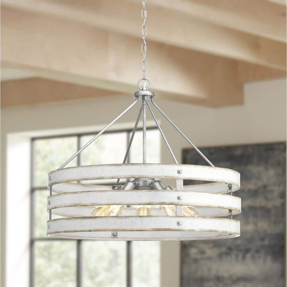 Gulliver 27.75" Galvanized Steel Farmhouse Drum Pendant with Wood-Grained Accents