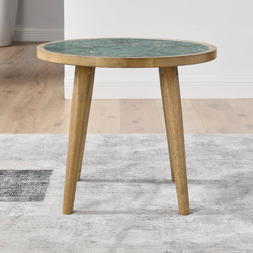 22" Round Green Sintered Stone and Wood End Table