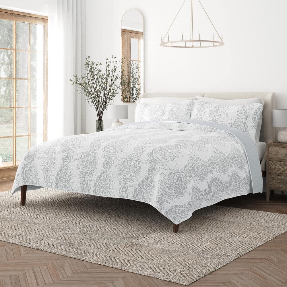 Light Gray Twin Reversible Microfiber Quilt Set with Shams