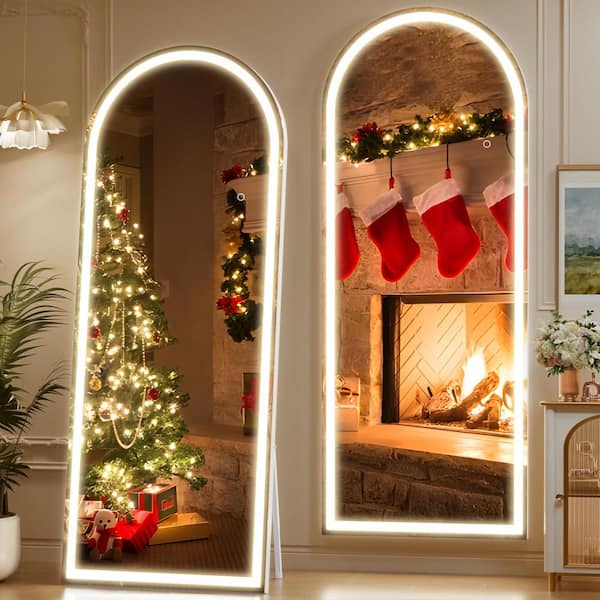 Hasipu 30 in. W x 77 in. H White Frame Arch LED Full-Length Mirror, Adjustable Brightness and Colors, Tempered Glass