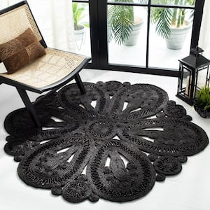 Natural Fiber Black 8 ft. x 8 ft. Woven Floral Round Area Rug