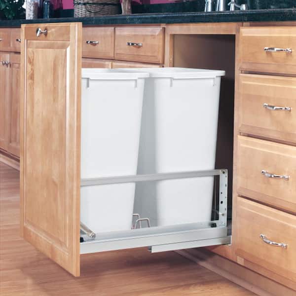 White Double Pull Out 50 qt. Kitchen Trash Can w/ Soft Close, Full Height Cabinet