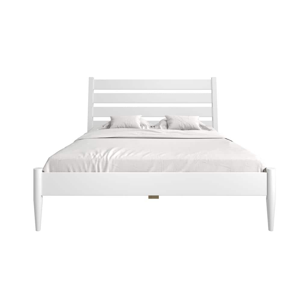 White Pine Wood Queen Platform Bed with Upholstered Headboard