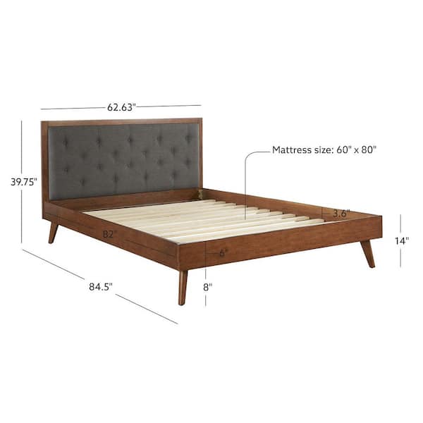 Ames Mid-Century Walnut Brown Wood Frame Queen Platform Bed with Gray Tufted Headboard