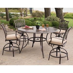 Traditions 5-Piece Aluminum Round Outdoor High Dining Set with Swivel Chairs with Natural Oat Cushions