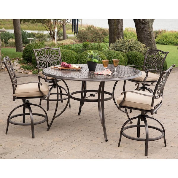 Hanover Traditions 5-Piece Aluminum Round Outdoor High Dining Set with Swivel Chairs with Natural Oat Cushions