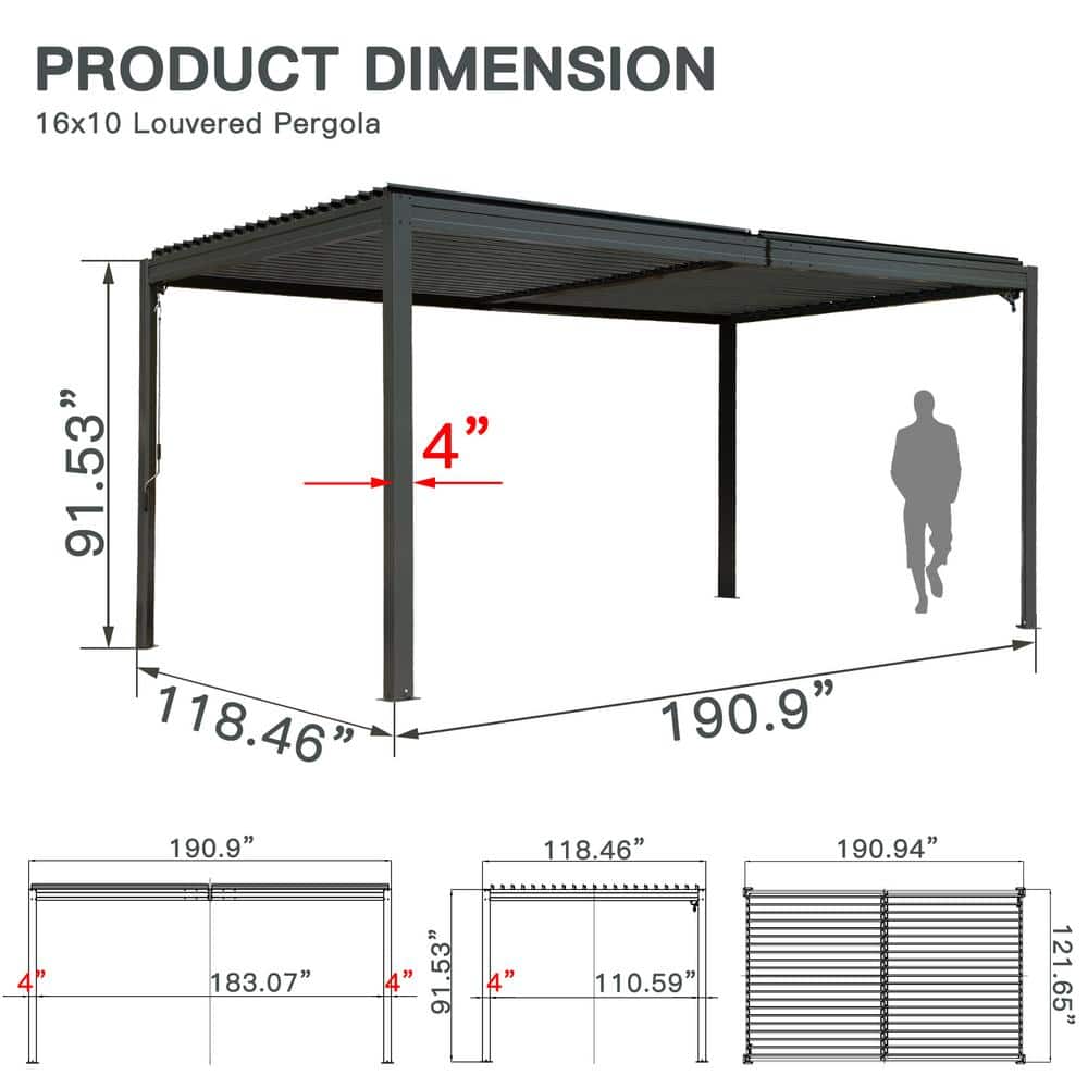 Gray 10x16 Aluminum Pergola with Adjustable Steel Roof