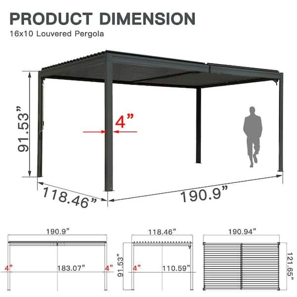 domi outdoor living 10 ft. x 16 ft. Gray Aluminum Pergola Gray