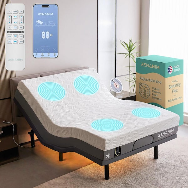 Gray Queen Adjustable Bed Frame USB, APP, Dual Massage, Head/Foot Incline, Under Bed Light with 14 in. Hybrid Mattress