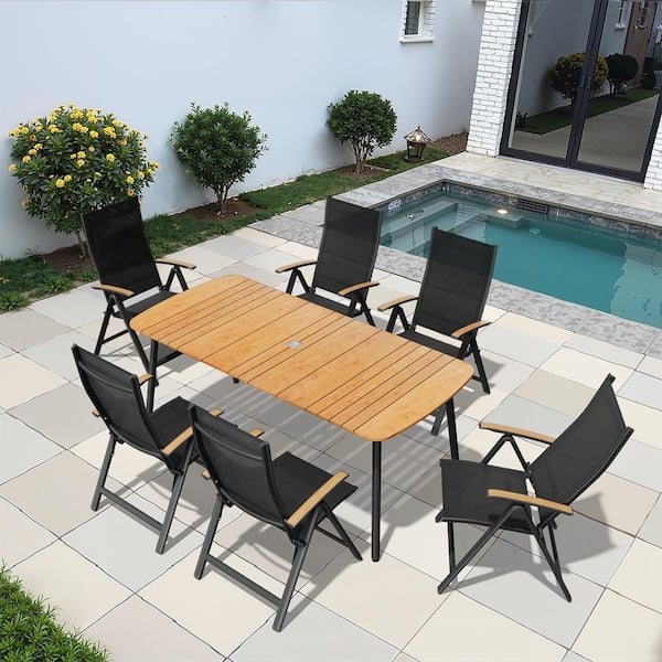 Brown 7-Piece 70.9 in. Aluminum Wood-Like Patio Outdoor Dining Set, with Umbrella Hole Table and Folding Recline Chairs