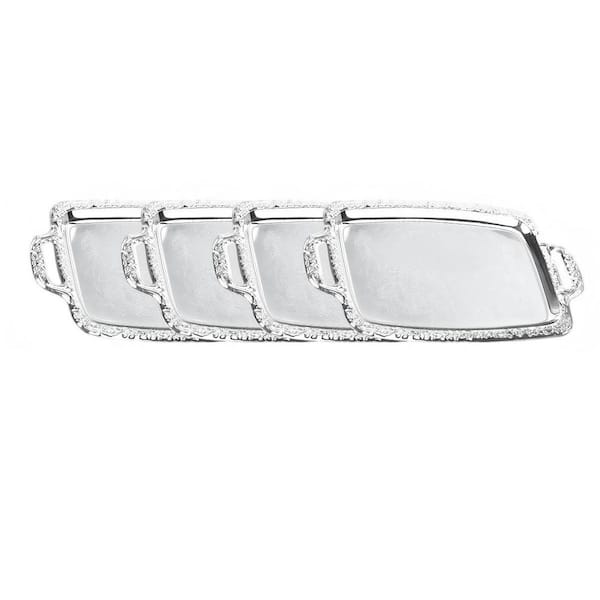 4-Piece 16.5 in. W x 0.8 in. H x 9.8 in. D Silver Stainless Steel Serving Trays with Handles for Wedding Party BBQ