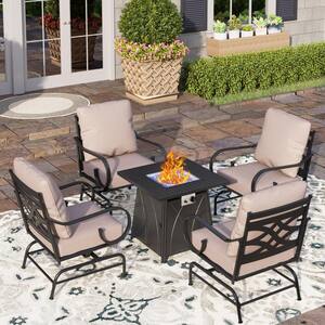 Black Metal 4 Seat 5-Piece Steel Outdoor Patio Conversation Set with Beige Cushions,Rocking Chairs,Square Fire Pit Table