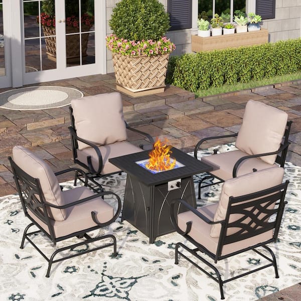 PHI VILLA Black Metal 4 Seat 5-Piece Steel Outdoor Patio Conversation Set with Beige Cushions,Rocking Chairs,Square Fire Pit Table