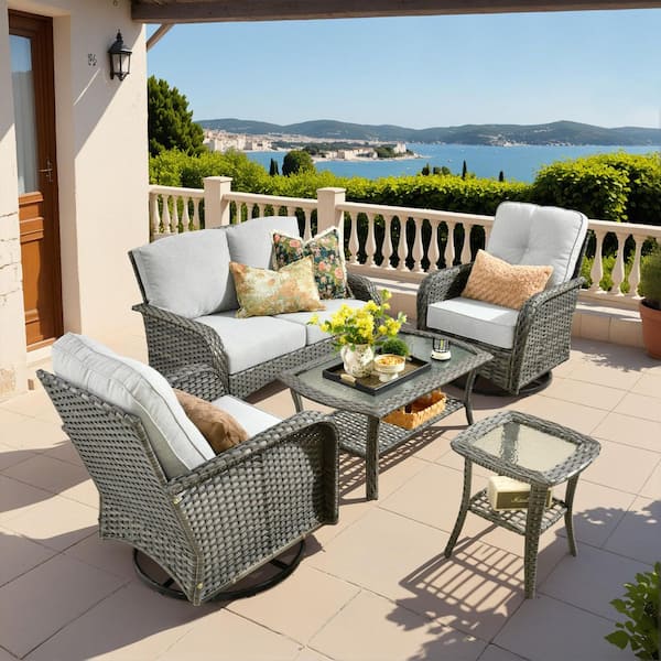 Caodoc Noah Gray 5-Piece Wicker Outdoor Patio Conversation Sofa Seating Set with Rocking Chairs and Gray Cushions