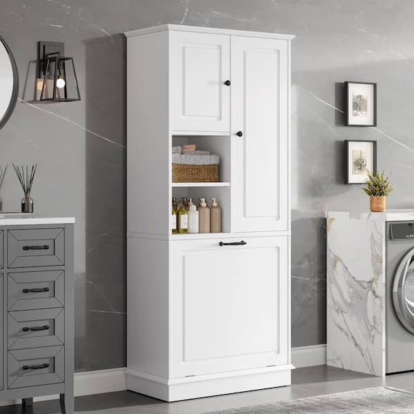 29.9 in. W x 14.2 in. D x 67.7 in. H White MDF Freestanding Linen Cabinet with Adjustable Shelf
