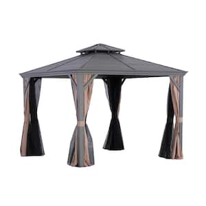 10 ft. x 10 ft. Light Gray Aluminum Hardtop Gazebo with Double Roof Canopy, Beige Curtains and Netting