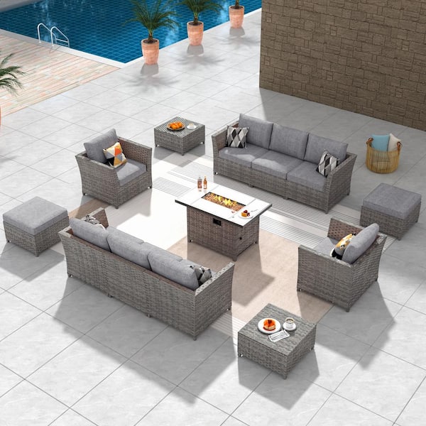 OVIOS Bexley Gray 13-Piece Wicker Rectangle Fire Pit Patio Conversation Seating Set with Dark Gray Cushions