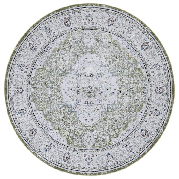 SAFAVIEH Tucson Green/Beige 6 ft. x 6 ft. Machine Washable Floral Border Round Area Rug