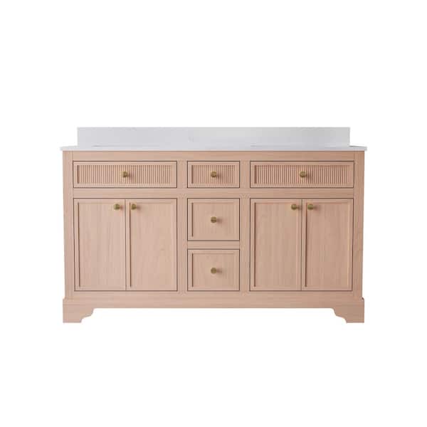 60 in. W Assembled Solid Wood Bathroom Vanity in Distressed Red Oak Flip Drawer White Quartz Top Double Sinks