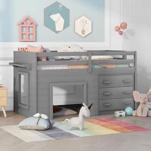 Gray Twin Loft Bed Frame with Storage Drawers, Solid Wood Low Loft Bed with Cabinet and Shelf for Kids Girls Boys
