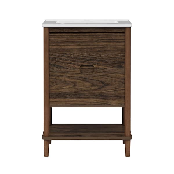 Ellery 24.02 in. Wide Single Sink Freestanding Walnut Bath Vanity with White Ceramic Integrated Square Top