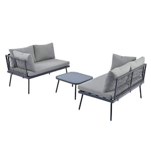 3-Piece Modern Wicker Outdoor Sectional Sofa Set with Gray Cushions and Glass Table for Backyard, Poolside, Garden