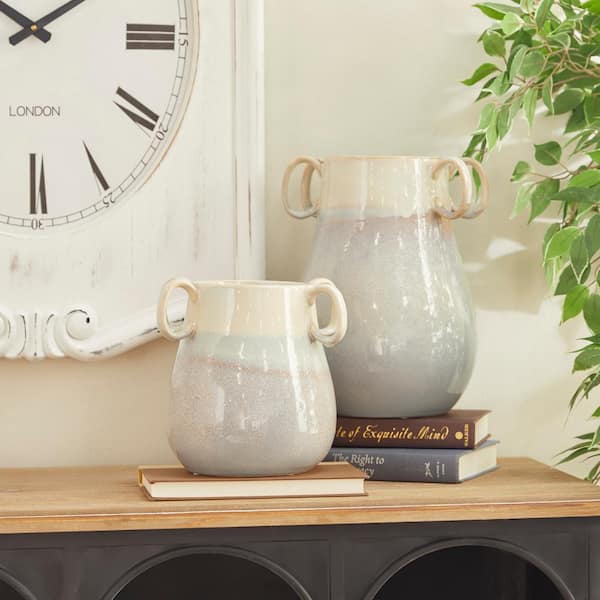 Litton Lane 12 in., 8 in. White Ceramic Decorative Vase with Handles (Set of 2)